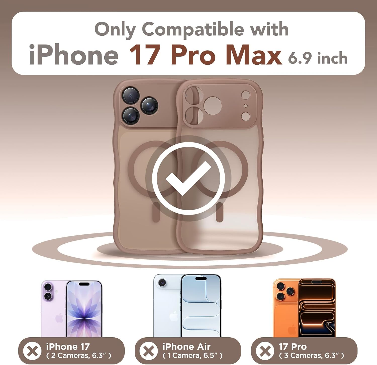 Detalle de CAPRARO Magnetic Case for iPhone 17 Pro Max — Full Camera Protection, MagSafe Compatible, Translucent Matte with Cute Wave Brown Frame