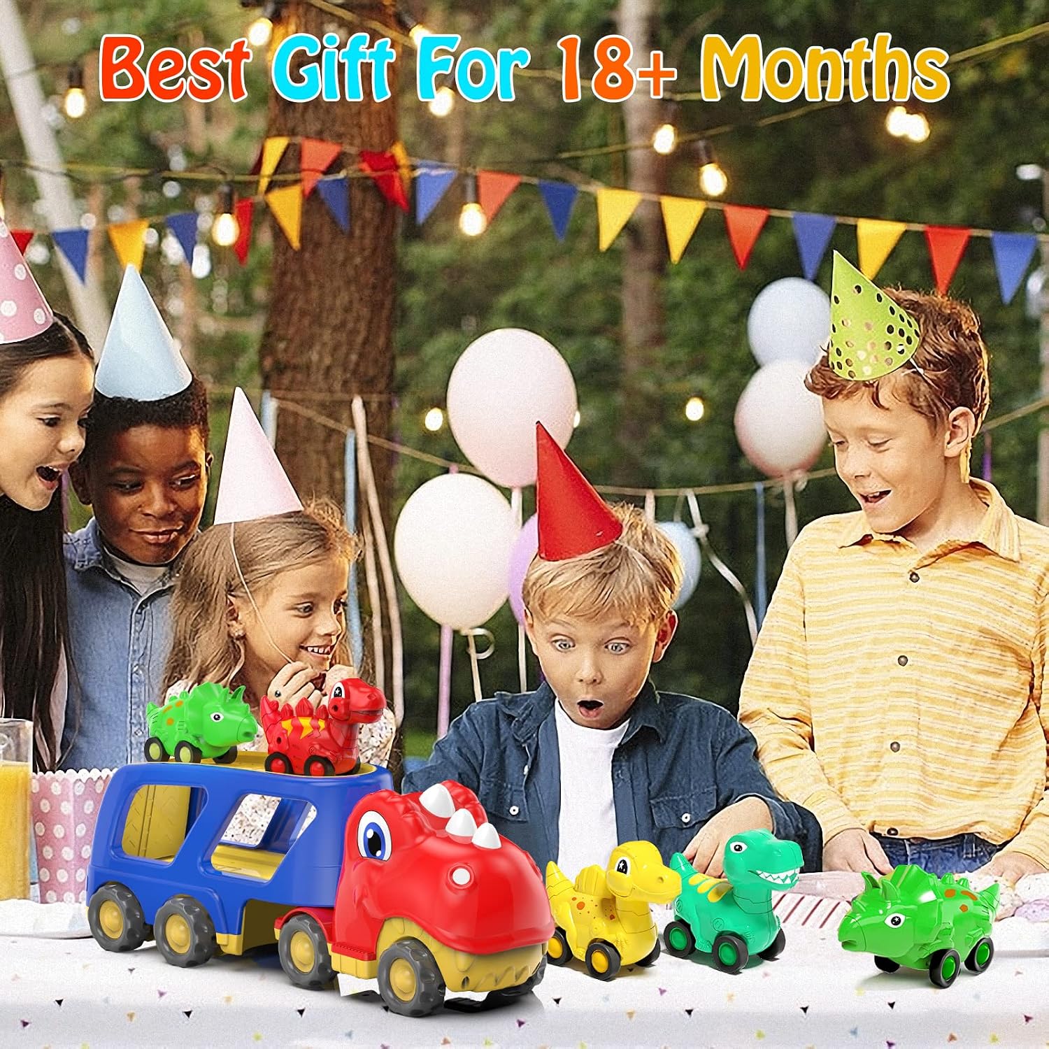 Thumbnail 6 de Veslier Dinosaur Transport Truck Toy with 4 Pull-Back Cars, Lights and Sounds