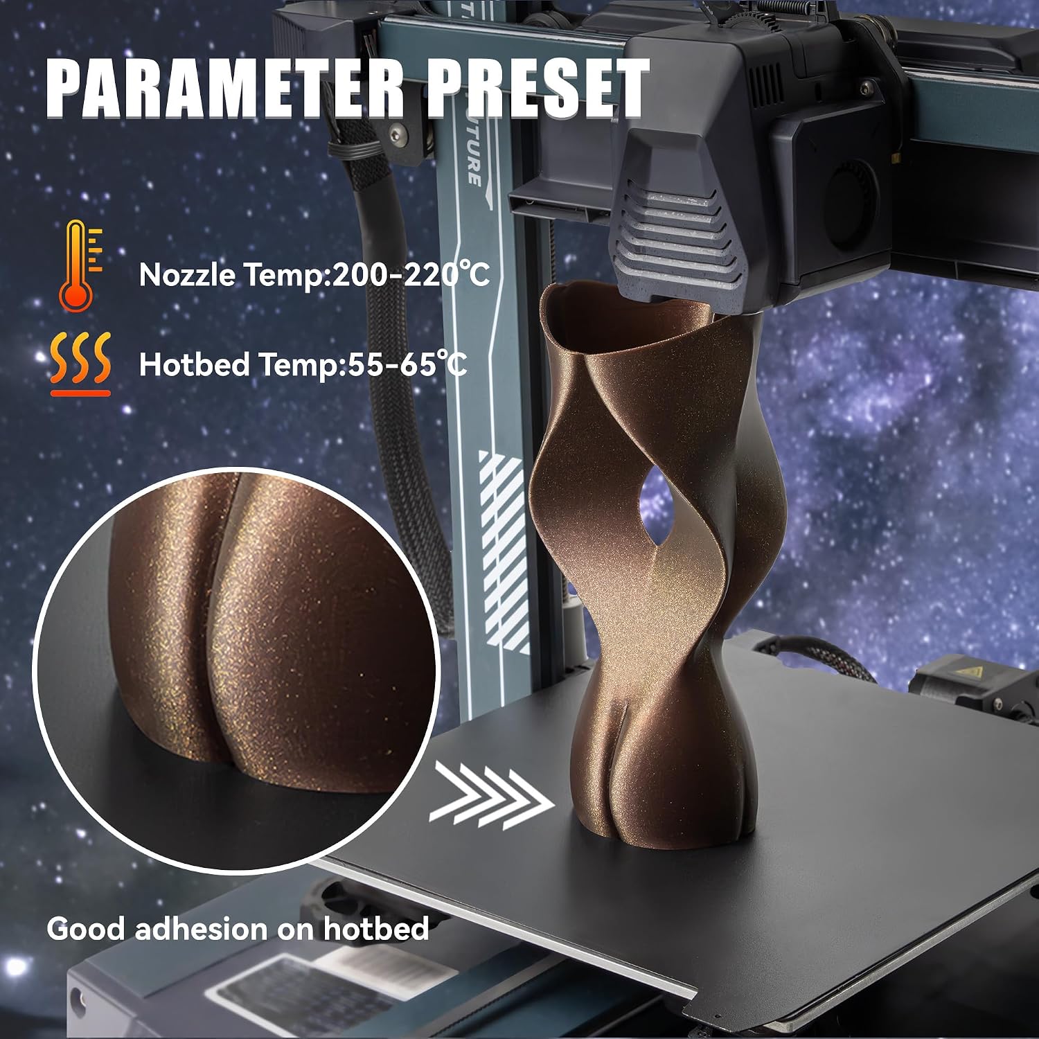 Detalle de TINMORRY PLA Filament Galaxy 1,75 mm – 1 kg Spule, Braun mit Galaxy-Effekt, kompatibel mit Bambu FDM Druckern