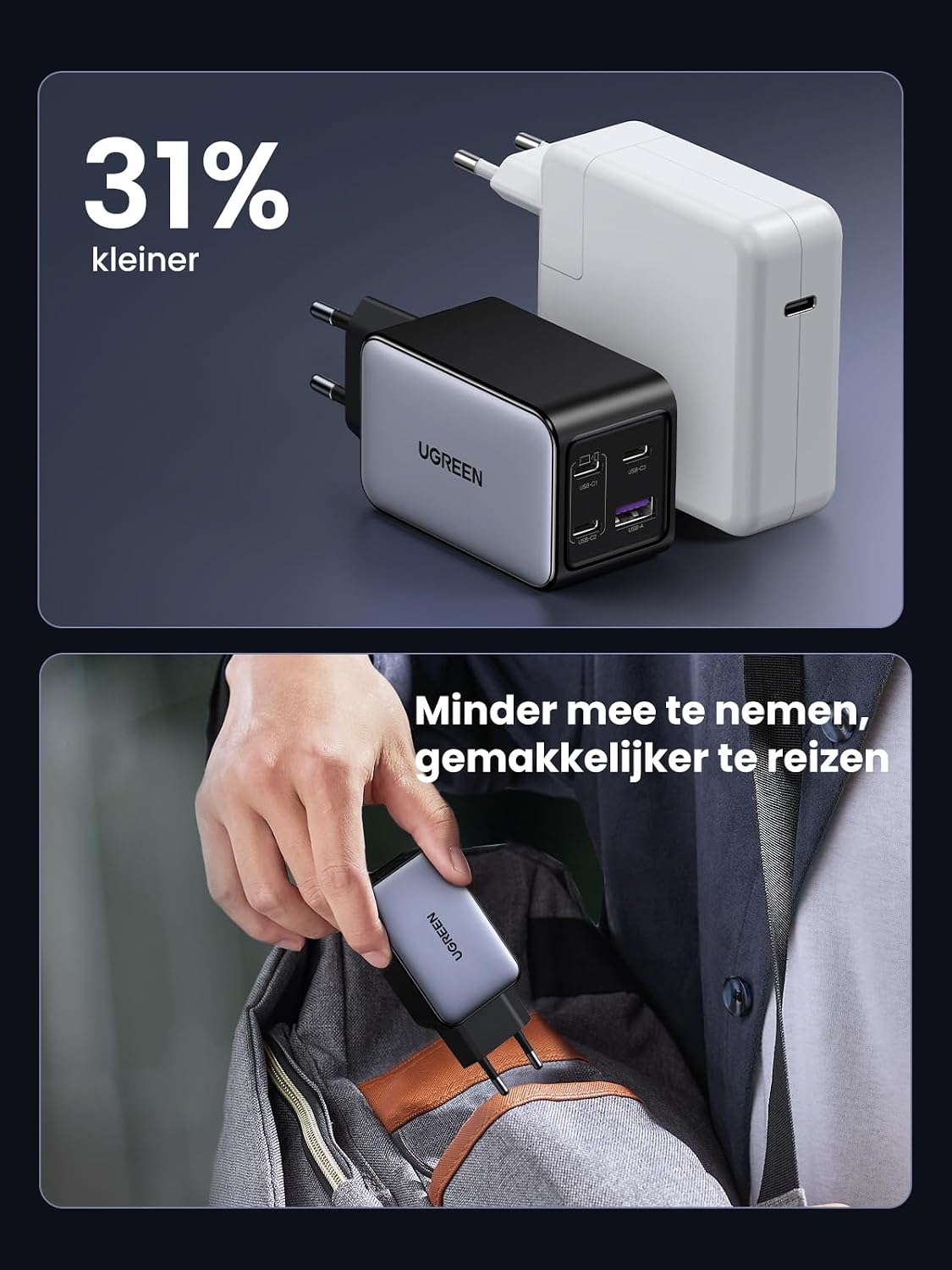Detalle 1 de UGREEN Nexode 65W USB-C-lader met 4 poorten, GaN en PPS