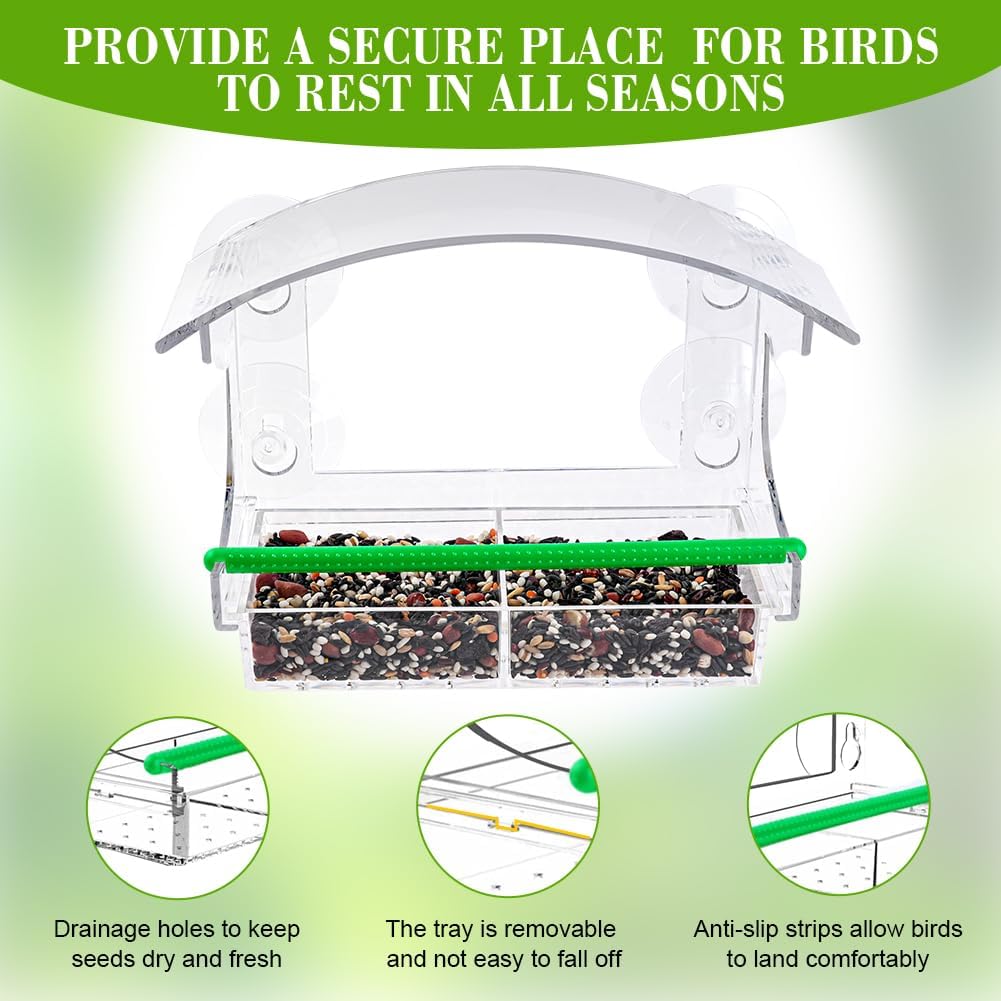 Detalle de OFFCUP Window Bird Feeder with 4 Suction Cups and Removable Seed Tray