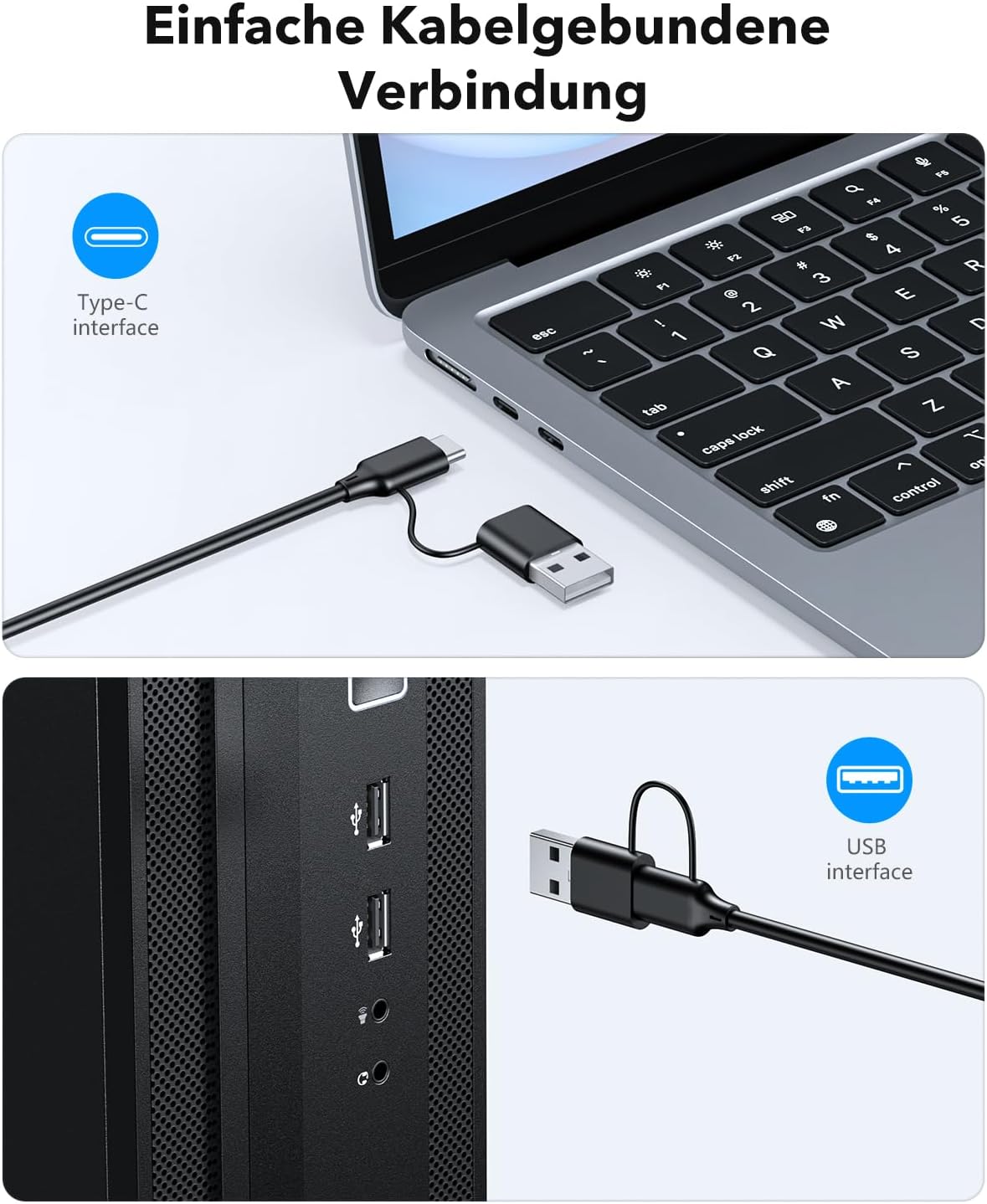 Thumbnail 3 de OMOTON Beleuchtete Tastatur – QWERTZ, Großschrift, 2-in-1 USB A/C, Kabeltastatur für Windows