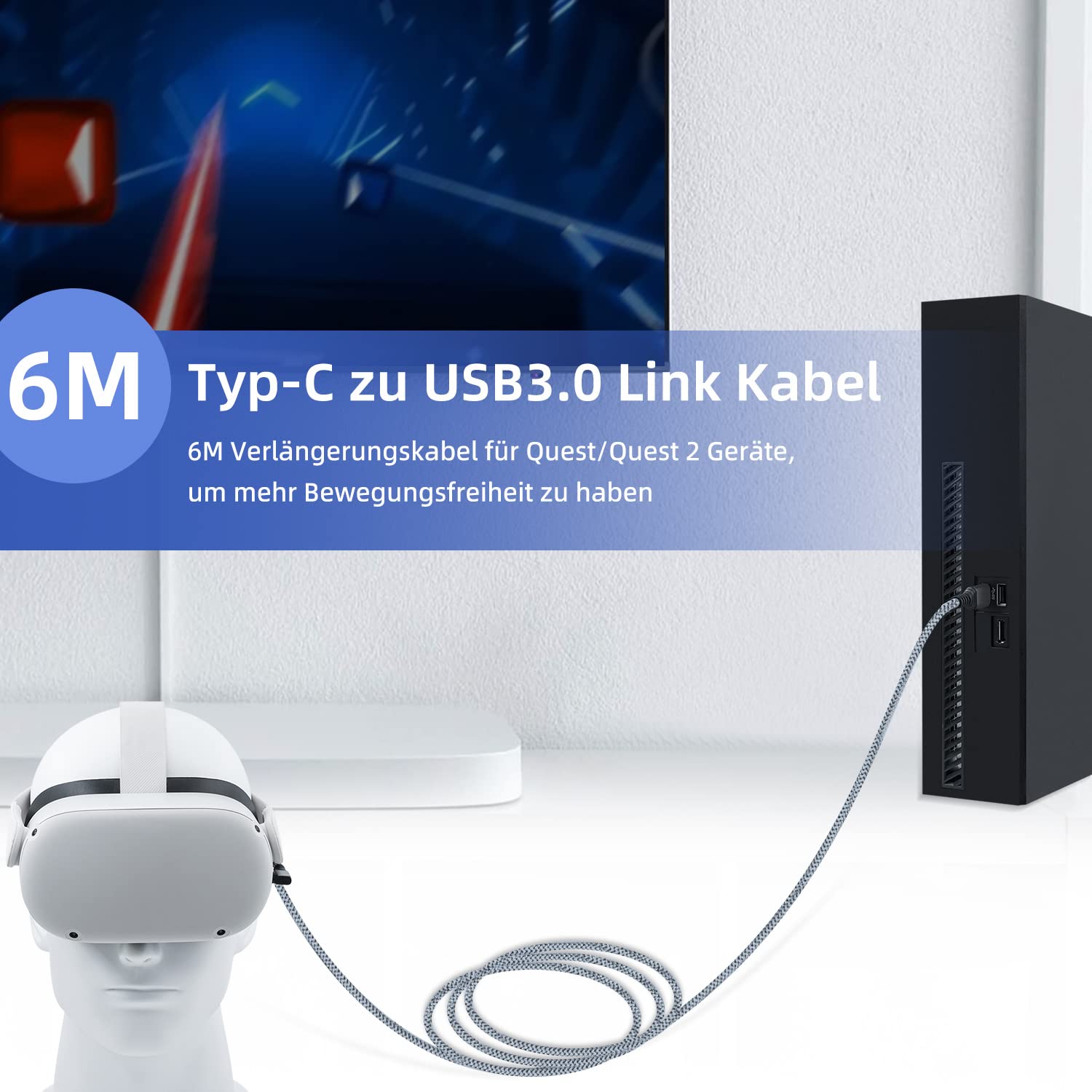 Thumbnail 2 de Mcbazel Link Kabel Typ-C auf USB 3.0, 6 m, rechtwinklig – Schnellladekabel & Datenübertragung für Quest/Quest 2/Quest 3