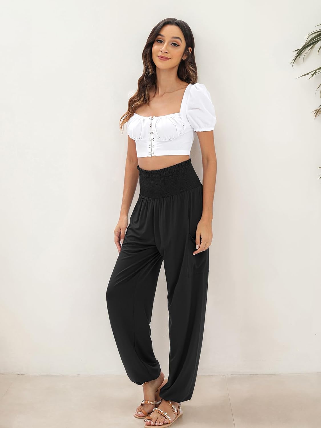 Detalle de QIANXIZHAN Women's Harem Pants, High Waist Yoga Boho Trousers with Pockets