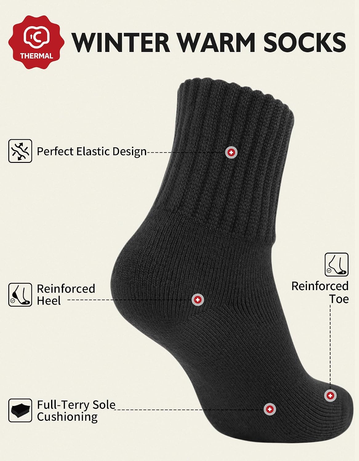 Detalle de CLOSEMATE Women's Winter Boot Socks, 3 Pairs, Cushioned Crew Length