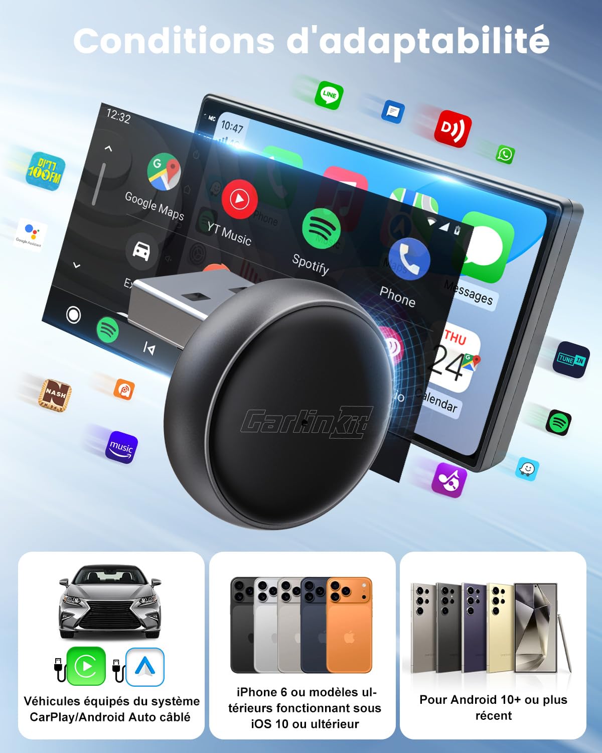 Detalle de CarlinKit Mini adaptateur sans fil Ultra 3 – CarPlay/Android Auto sans fil, Plug‑and‑Play