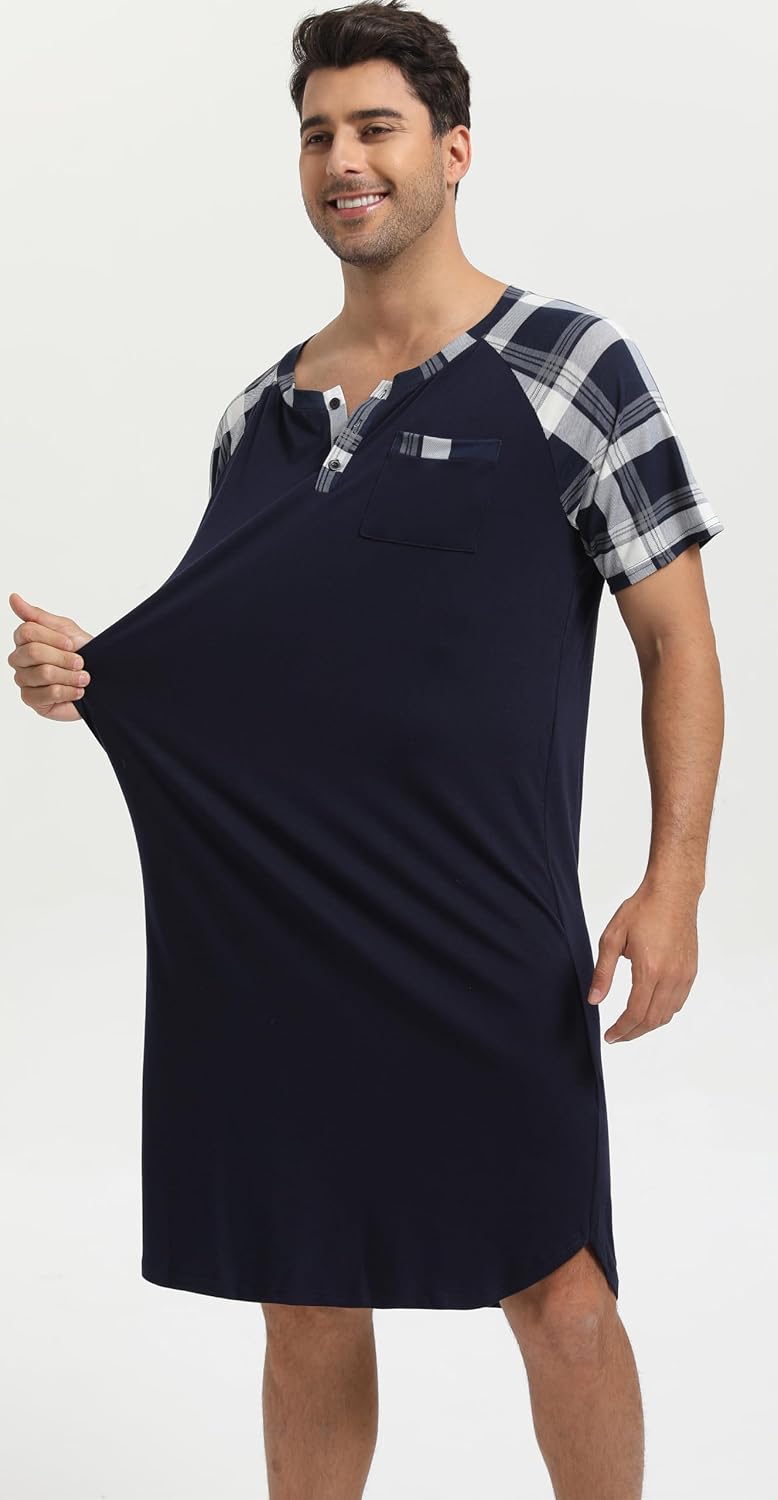 Detalle 2 de Enjoyoself Herren-Nachthemd Kurzarm aus Baumwolle – langes Schlafshirt mit Knöpfen