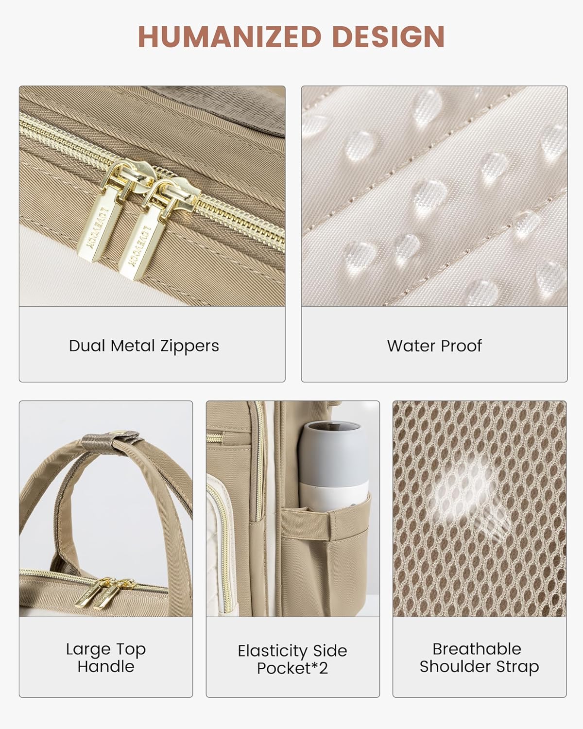 Detalle 2 de LOVEVOOK Sac à dos portable pour femme – A-kaki et beige, 15,6 Zoll, décontracté