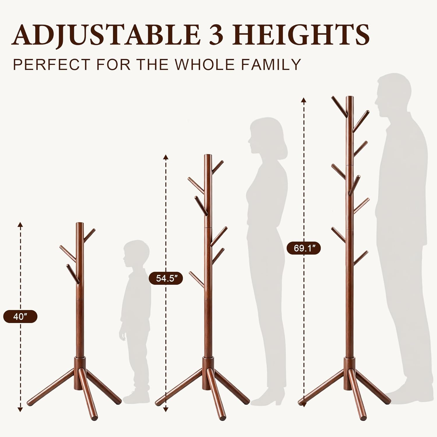 Detalle 2 de Freyawin Rack-Brown Wooden Freestanding Coat Rack with 8 Hooks and 3 Heights