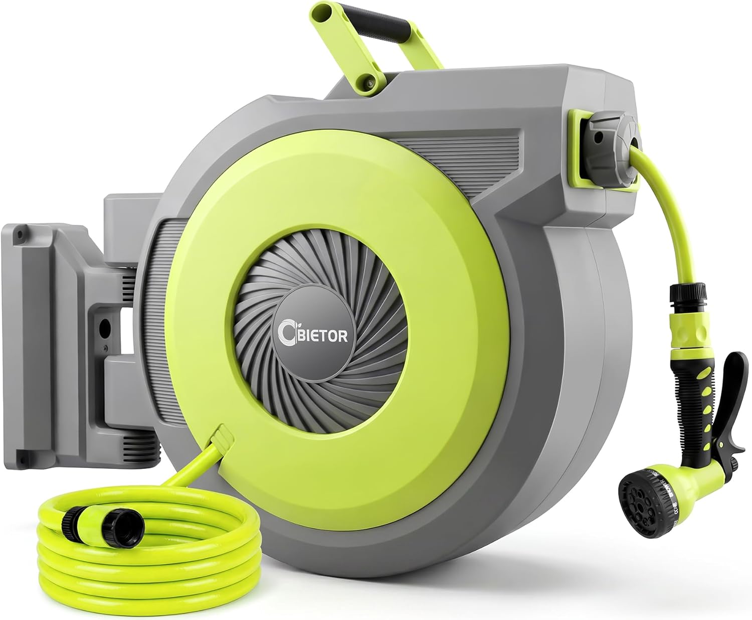 Detalle de Bietor Retractable Garden Hose Reel 1/2” x 40m+2m – UV-Resistant, Wall-Mount, 9-Pattern Nozzle