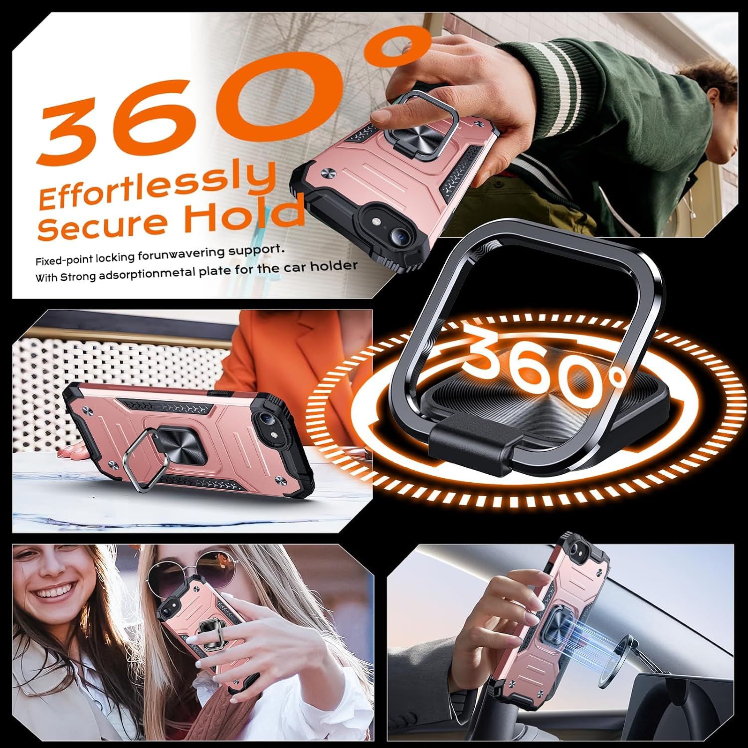 Thumbnail 3 de Anqrp Armor Hülle für iPhone SE (2020/2022) – Militärischer Schutz, Ringhalter & Ständer in Roségold