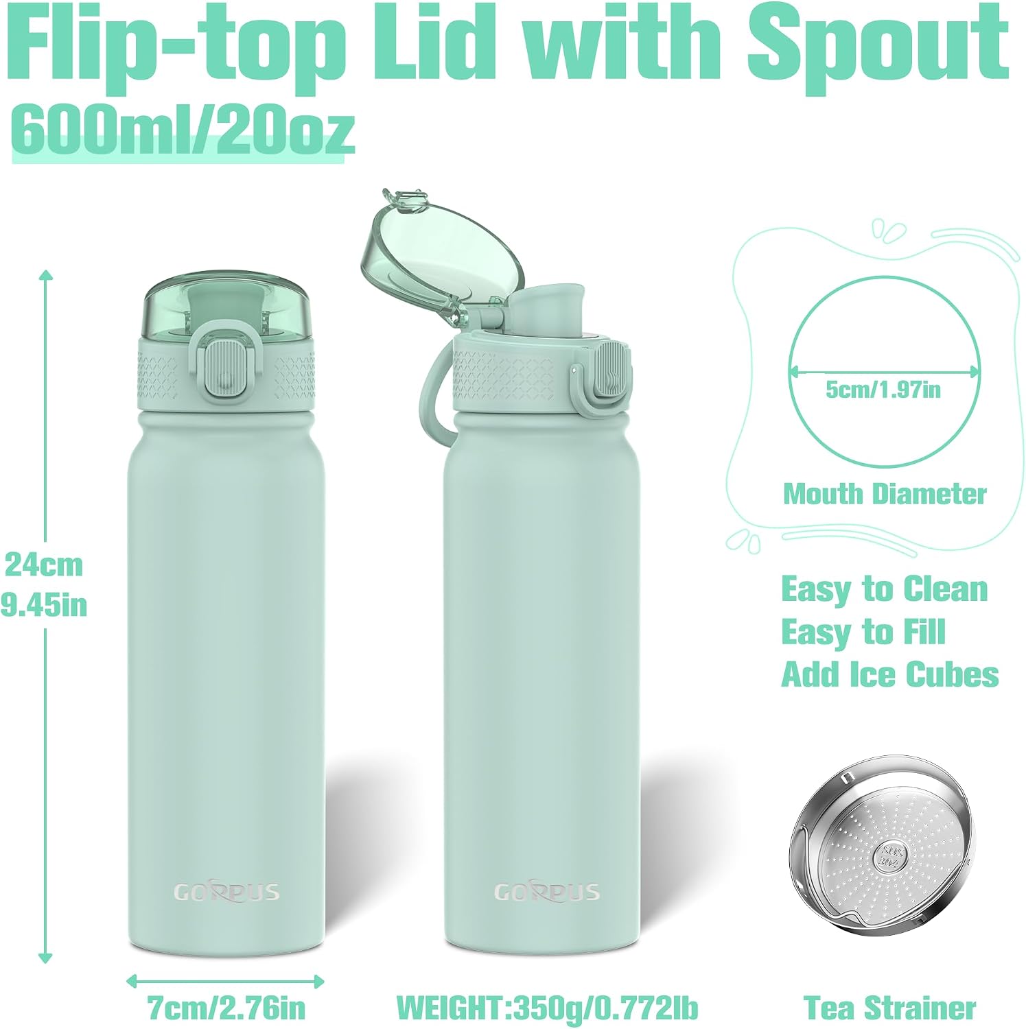 Detalle de GOPPUS 600ml Insulated Water Bottle with Spout Lid – Sage Green
