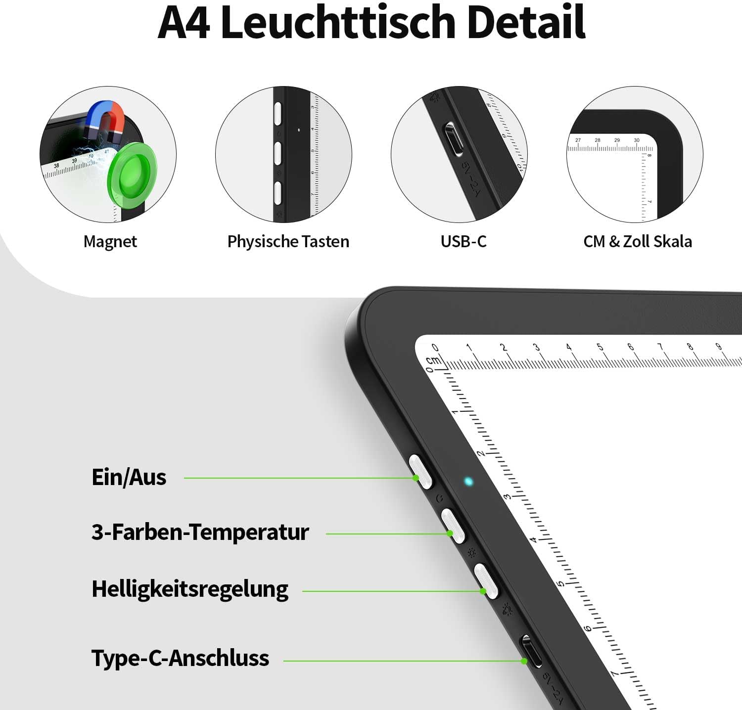 Detalle 2 de 9000 Lux Superhell Wiederaufladbare A4 Leuchttischplatte – Ultraleucht, Magnetisch, USB-C & Batterie