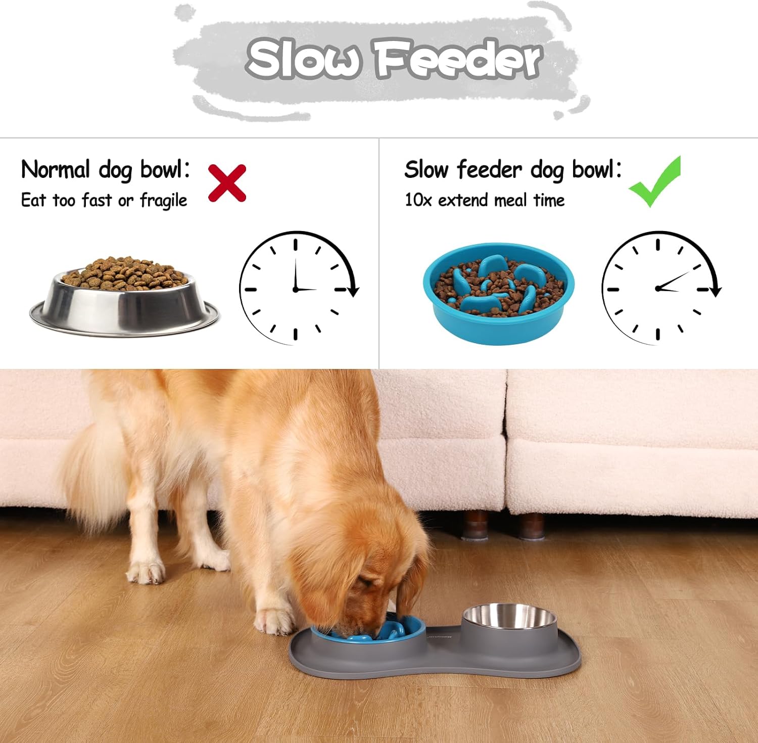 Thumbnail 1 de MateeyLife Dog Bowl Slow Feeder Set 3 in 1 with Stainless Steel Bowls & Non-Spill Silicone Mat
