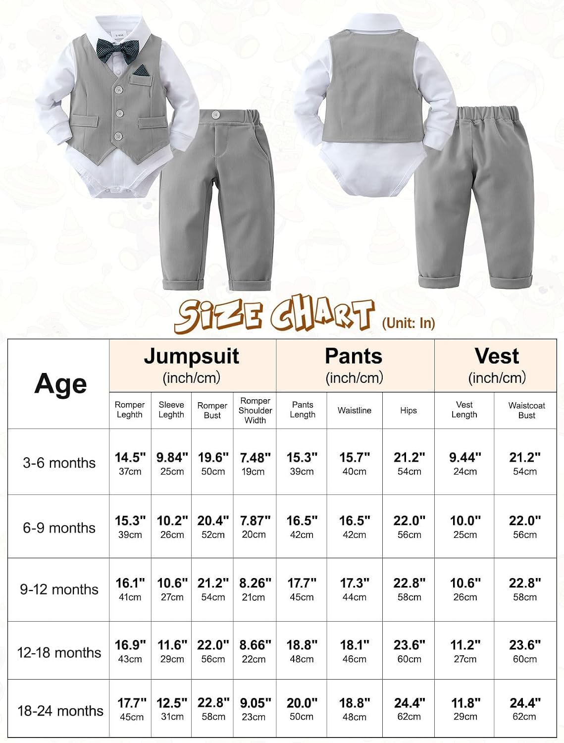 Detalle de Amissz Baby Jungen Bekleidungsset „Gentleman“ (3-24 Monate) mit Strampler, Hose, Weste & abnehmbarer Fliege