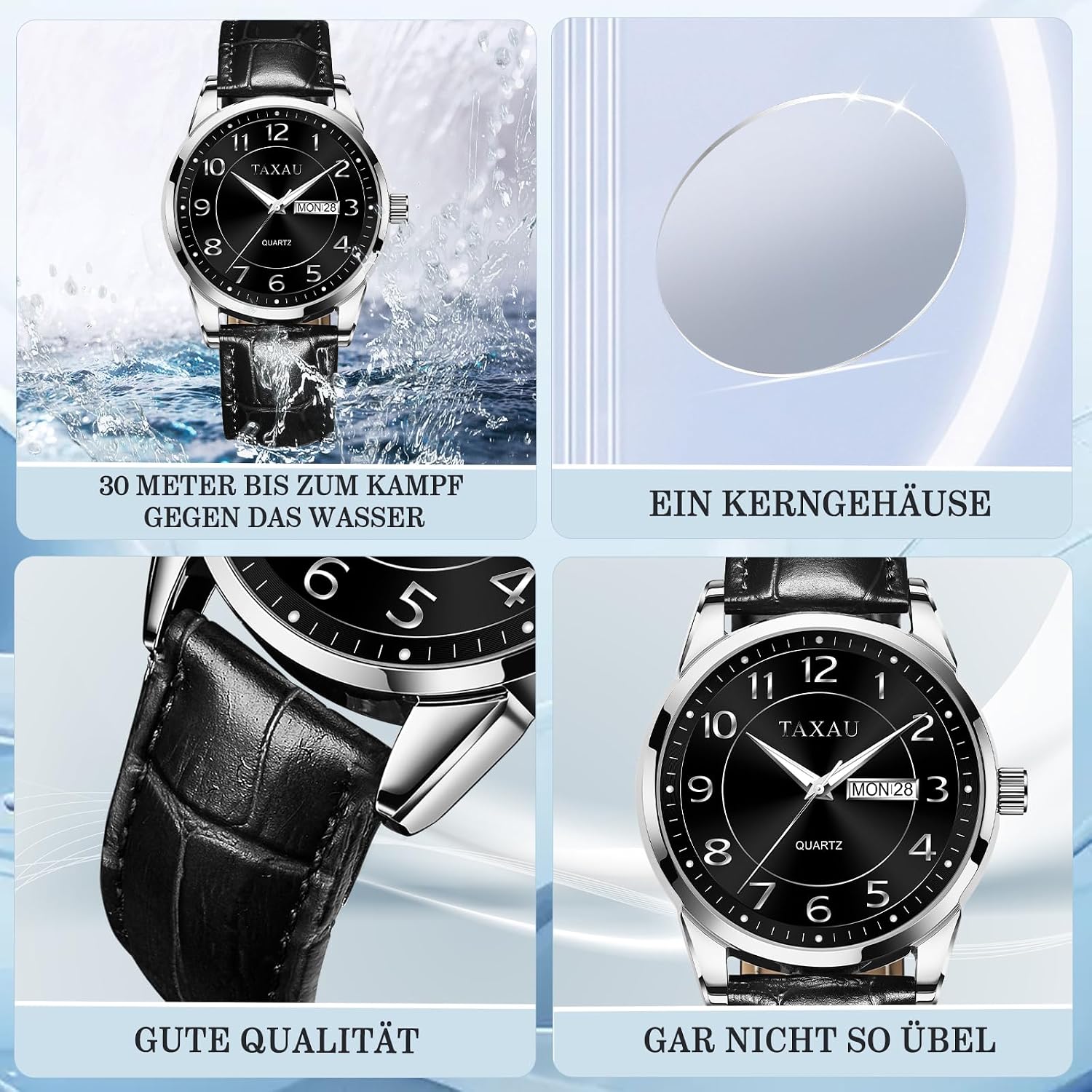 Detalle de Taxau Herren-Armbanduhr mit Quarz, wasserdicht (30 m) und großem Zifferblatt – mit Tag/Datum