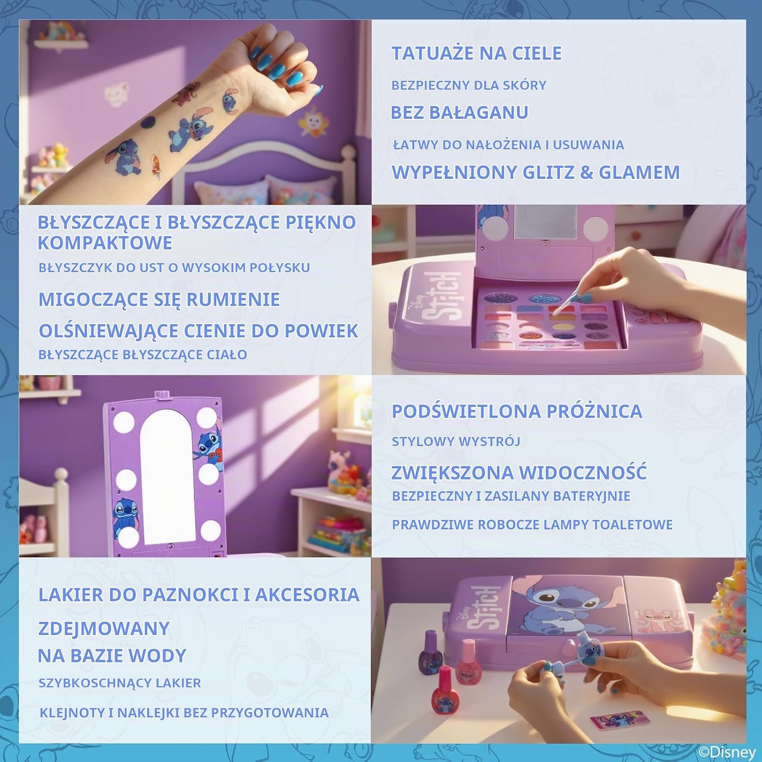 Detalle 2 de Townley Girl Stitch – zestaw kosmetyczny z podświetlanym lusterkiem i lakierami