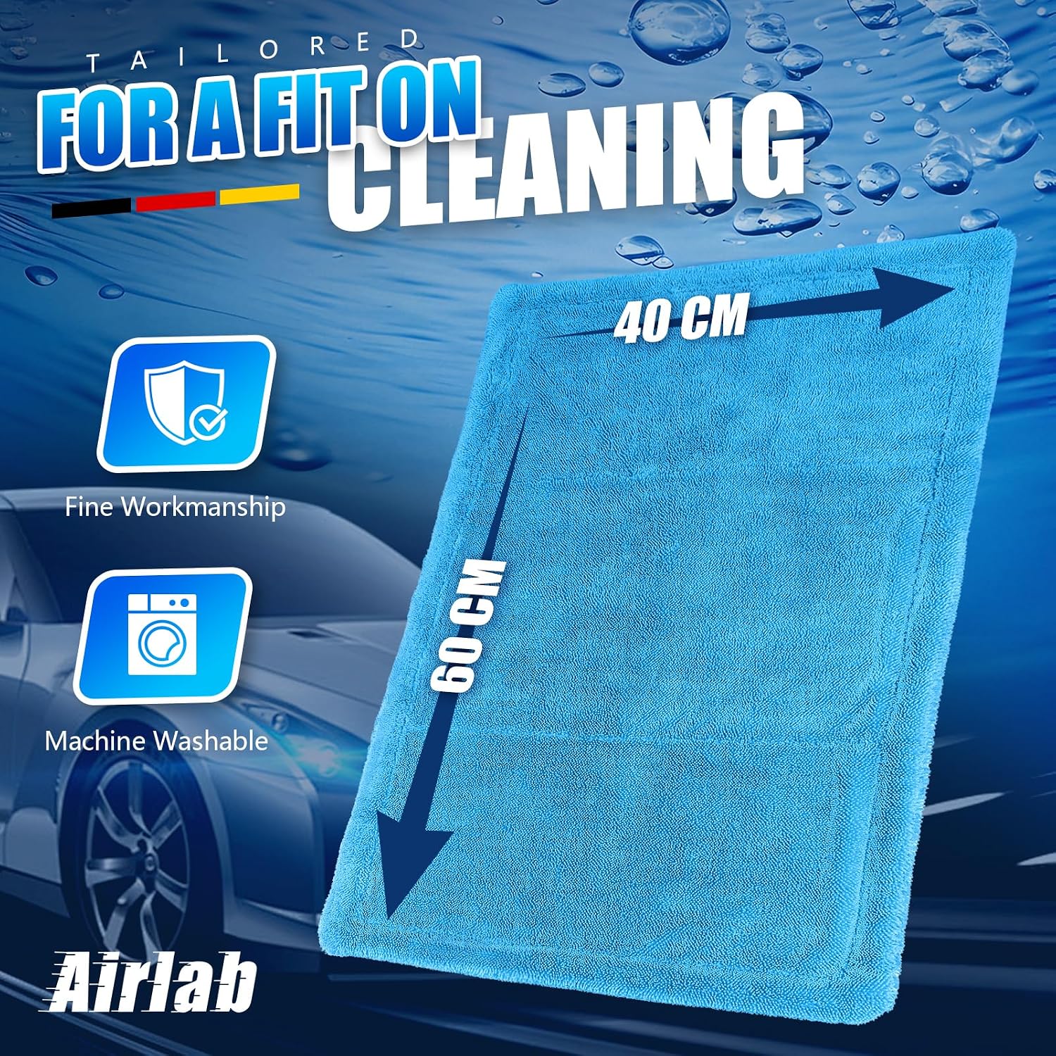 Thumbnail 4 de Airlab Auto Trockentuch 1200GSM – Mikrofasertuch XXL zum Autotrocknen, streifenfrei & fusselfrei (blau), ca. 60 x 40 cm