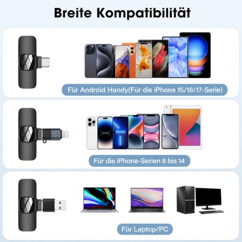 Detalle 2 de HMKCH kabelloses Lavaliermikrofon mit USB-C, Rauschunterdrückung und 3 Adaptern