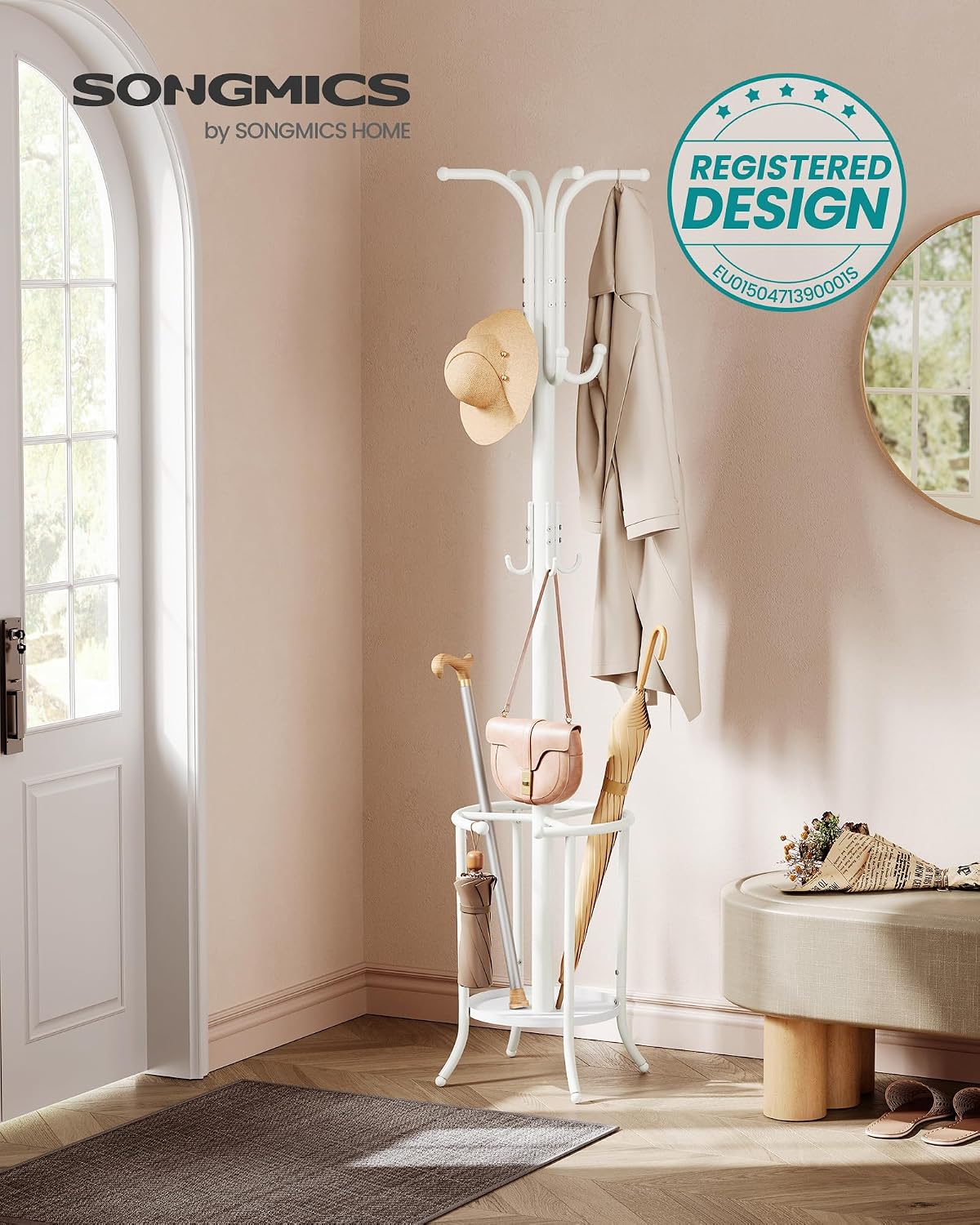 Detalle 2 de SONGMICS Appendiabiti da terra con portaombrelli e 12 ganci RCR011W01, altezza 175 cm, bianco perla