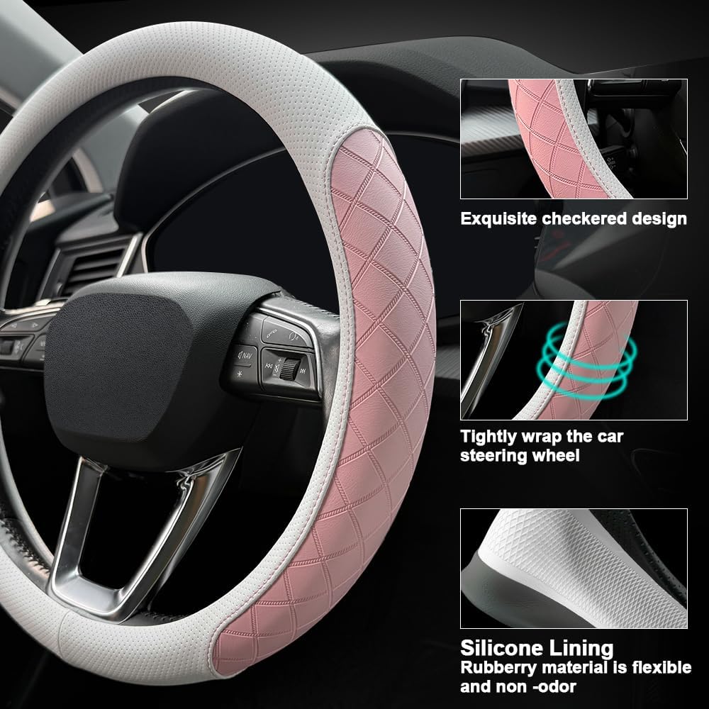 Thumbnail 2 de LKWLIKEI Nappa Leather Steering Wheel Cover with Diamond Checkered Design (White & Pink) — Fits 14.5–15 in