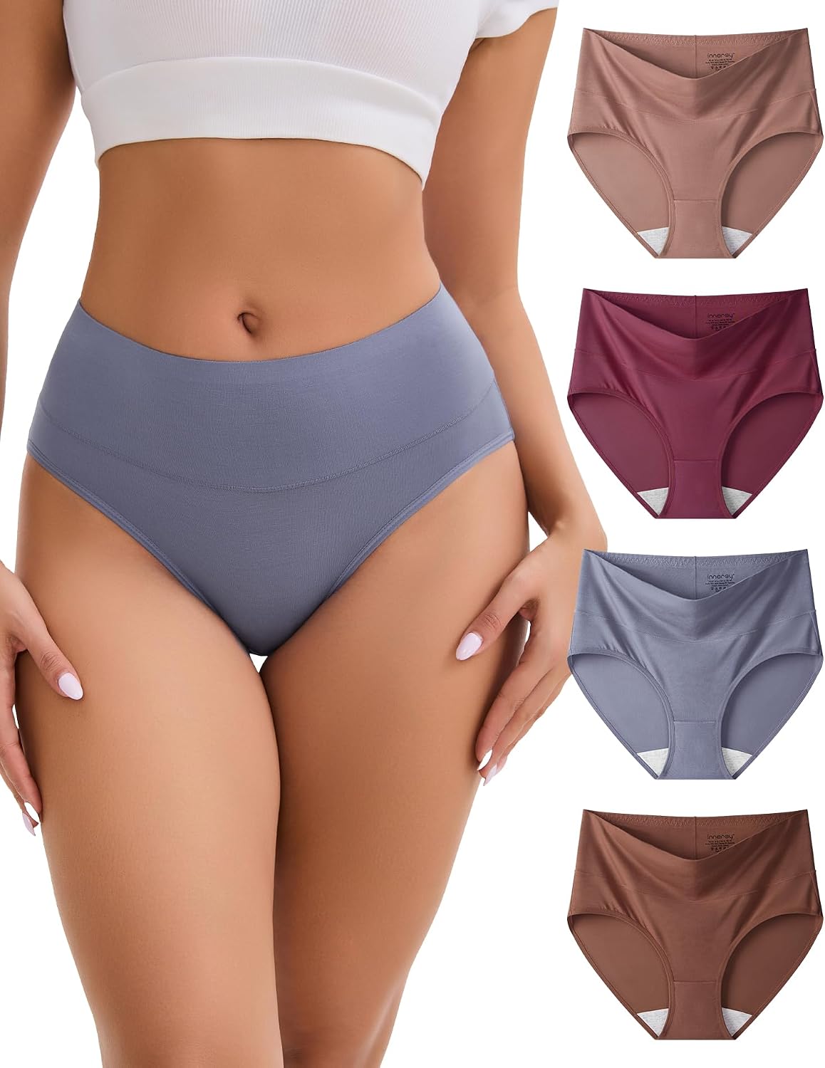 Detalle de INNERSY damesonderbroeken met hoge taille, elastische modal en microvezel, 4 stuks