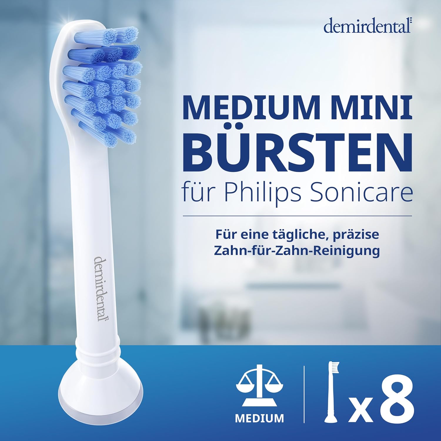 Detalle 2 de 8er demirdental Mini Aufsätze für Philips Sonicare – Medium, kleine Bürstenköpfe, Weiß (HX6028)