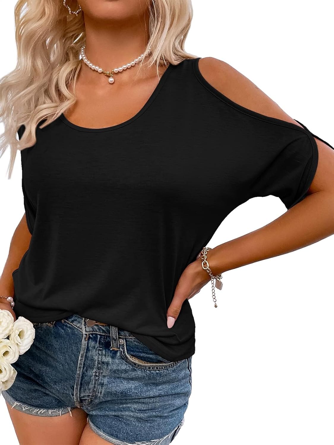 Detalle de Fisoew Damen Sommer-Oberteil: Cold-Shoulder U-Ausschnitt, locker sitzend, kurze Ärmel