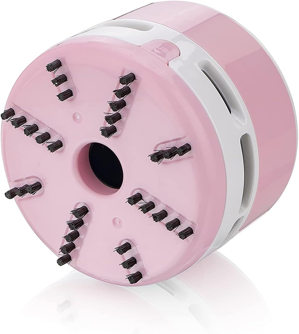 Detalle de Peach Mini Staubsauger PA105 – batteriebetrieben (2× AA), pink für Tisch, Tastatur & Auto