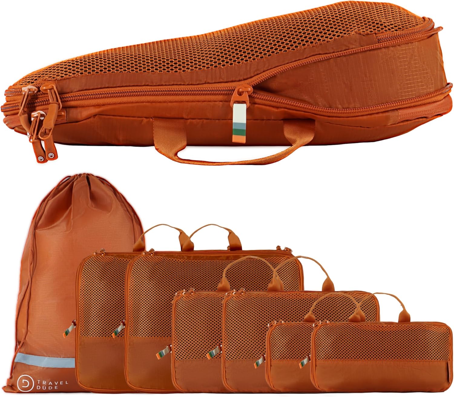 TRAVEL DUDE Packwürfel Set mit Kompression – 7-teiliges Set aus recycelten Plastikflaschen, Burnt Orange