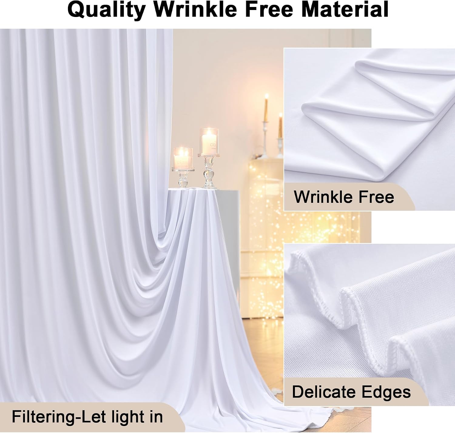 Thumbnail 2 de 12×3 m Weißer Hochzeits-Hintergrundvorhang mit 8 Platten – 1,5×3 m pro Platte, faltend frei, Polyester-Seide Optik