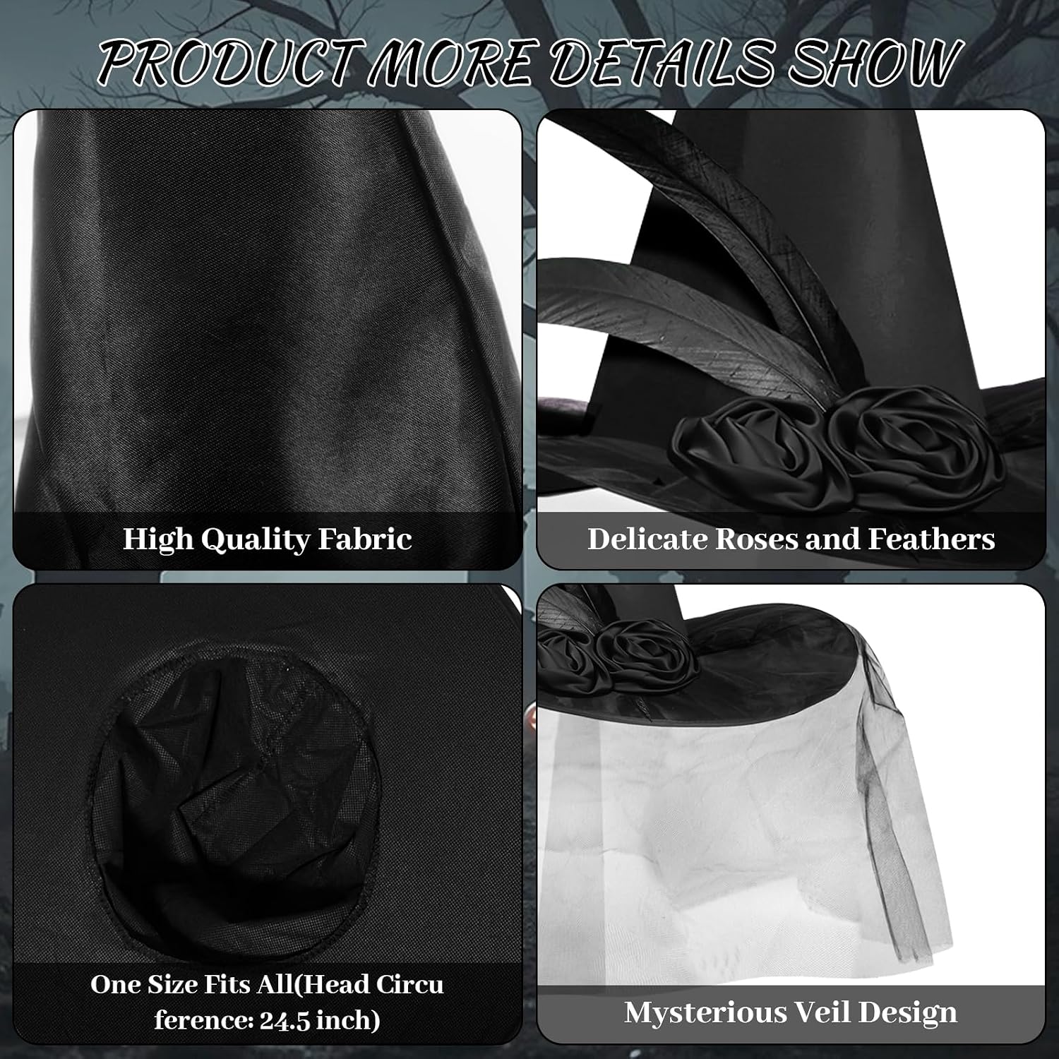 Detalle de JUSTOTRY Halloween Witch Hat, Satin Wide Brim with Roses, Tulle and Feathers