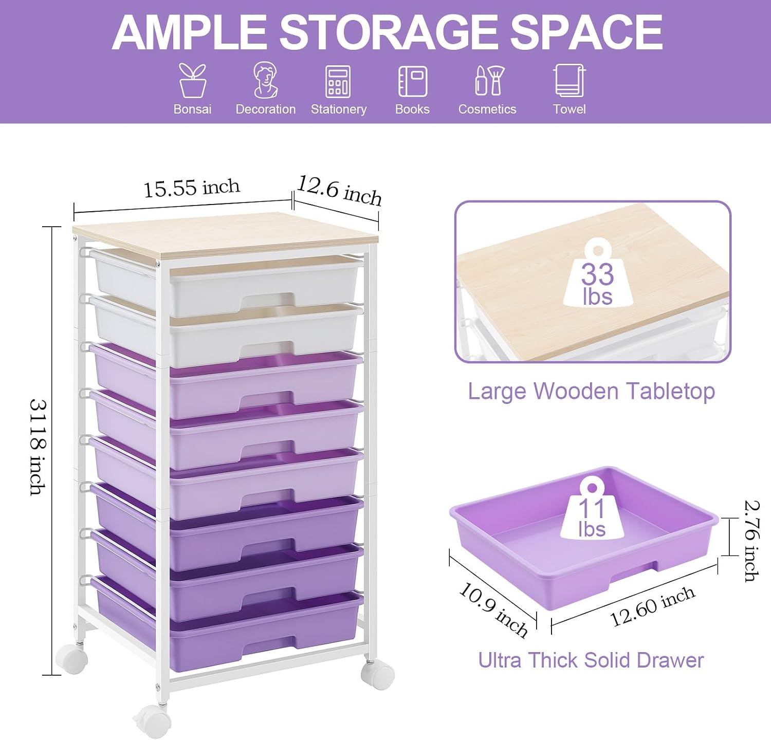 Thumbnail 1 de SYKIARIOL 1250-3 Rolling Storage Cart, Purple, 8 Drawers, Wood Top