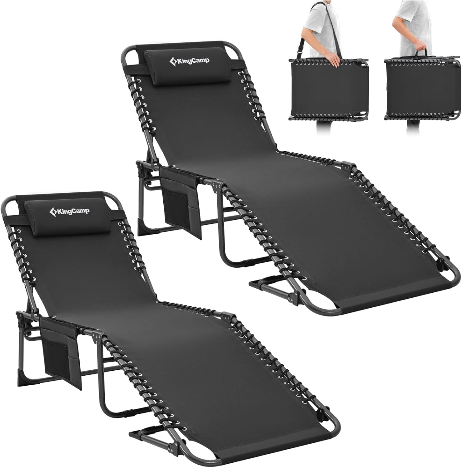 Detalle de KingCamp Set di 2 lettini prendisole pieghevoli con cuscini e tasche, lettini da giardino pieghevoli per spiaggia e giardino, capacità 180 kg