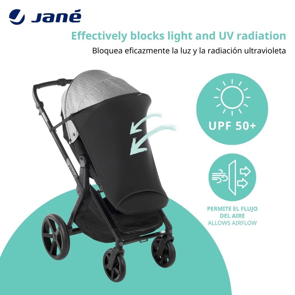 Detalle de Jané Sonnenschutz für Kinderwagen UPF 50+ – Universal elastisch, atmungsaktiv, UV-Schutz für Buggy und Babywanne (Schwarz)