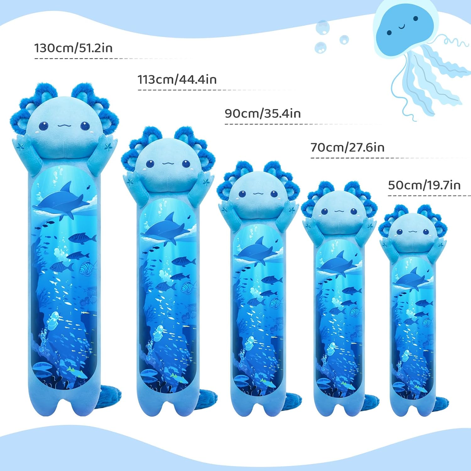 Detalle de Mewaii Long Body Plush Cute Blue Axolotl 20 Inch – soft cuddly long-body pillow doll for kids and adults