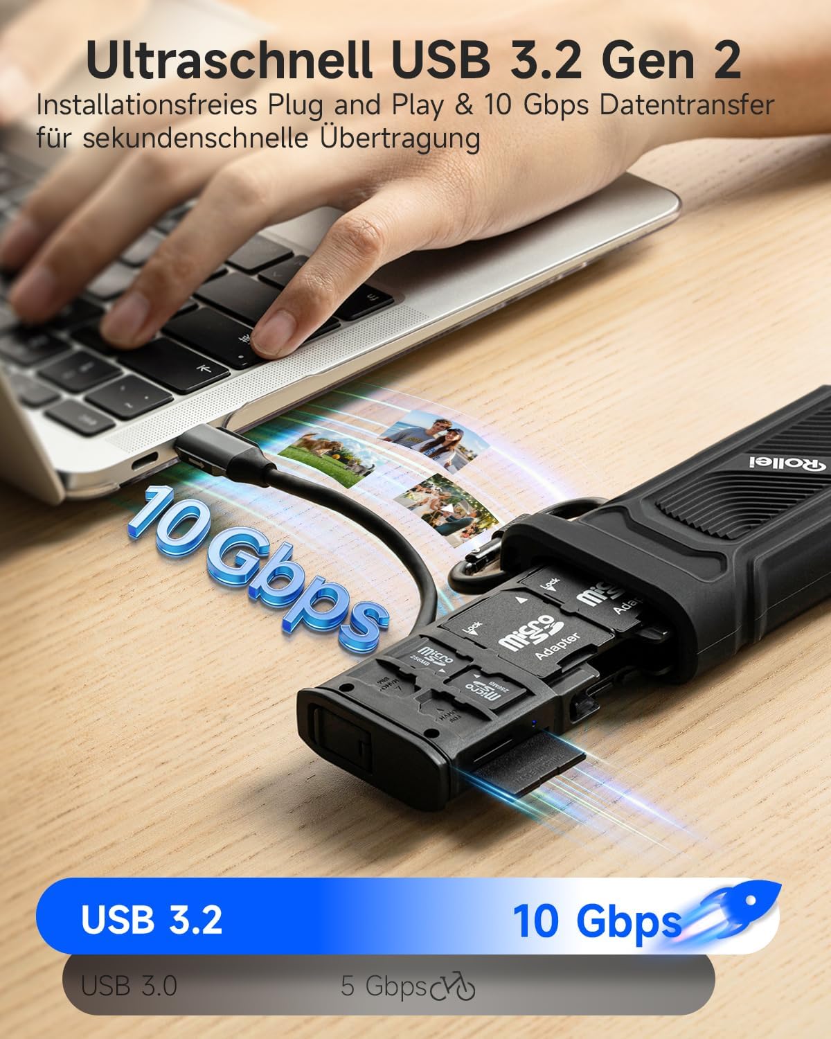 Detalle de Rollei 2 in 1 Travel Kartenlesegerät & Etui – USB-C 3.2 OTG mit Speicherstaurausgleich