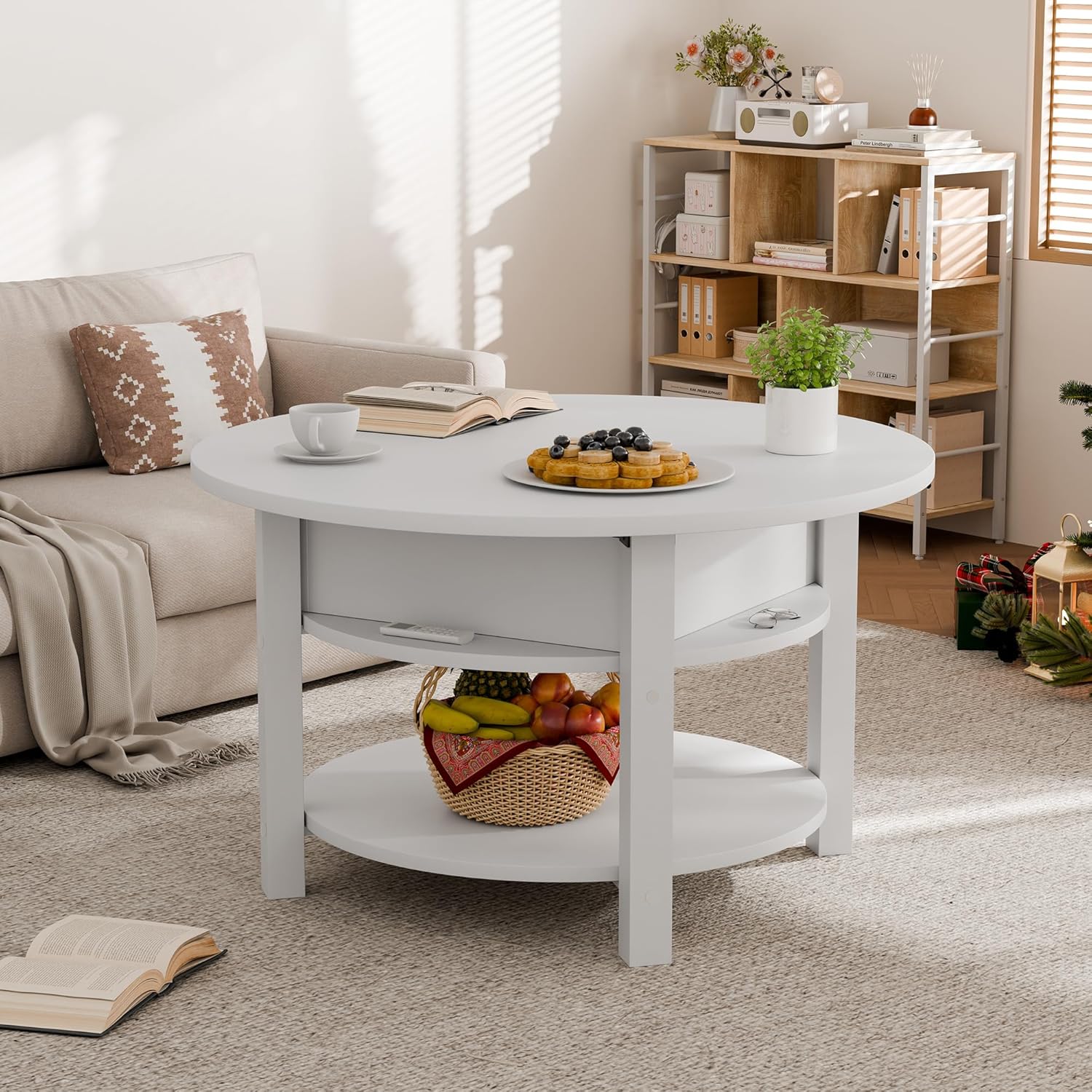 Detalle 2 de ELUCHANG Table Basse avec Rangement Caché 2-en-1 — 80x80 cm, Blanc