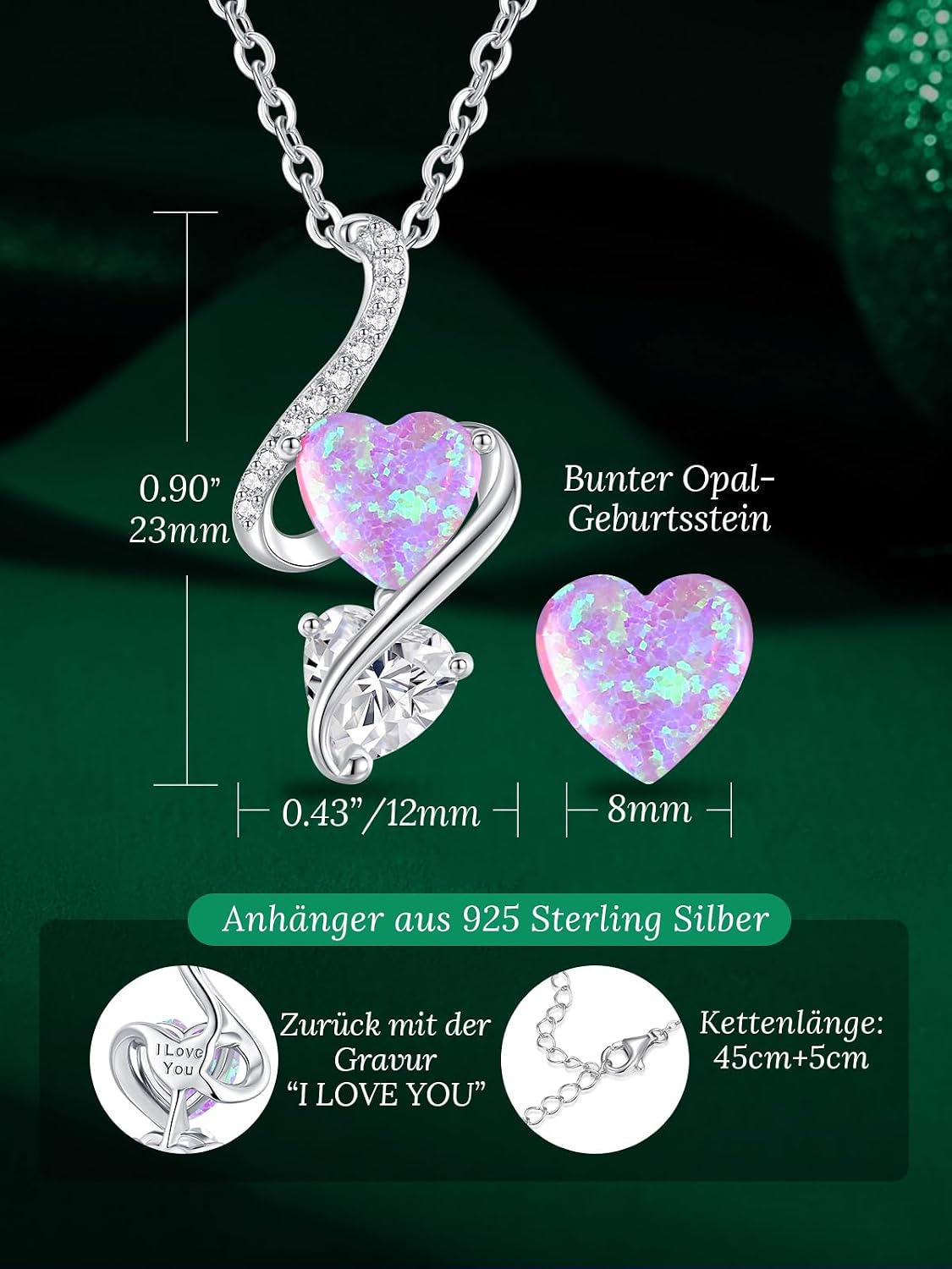 Detalle 2 de LOUISA SECRET Frauen Opal Halskette „Infinity Double-Heart“ aus 925 Sterling Silber