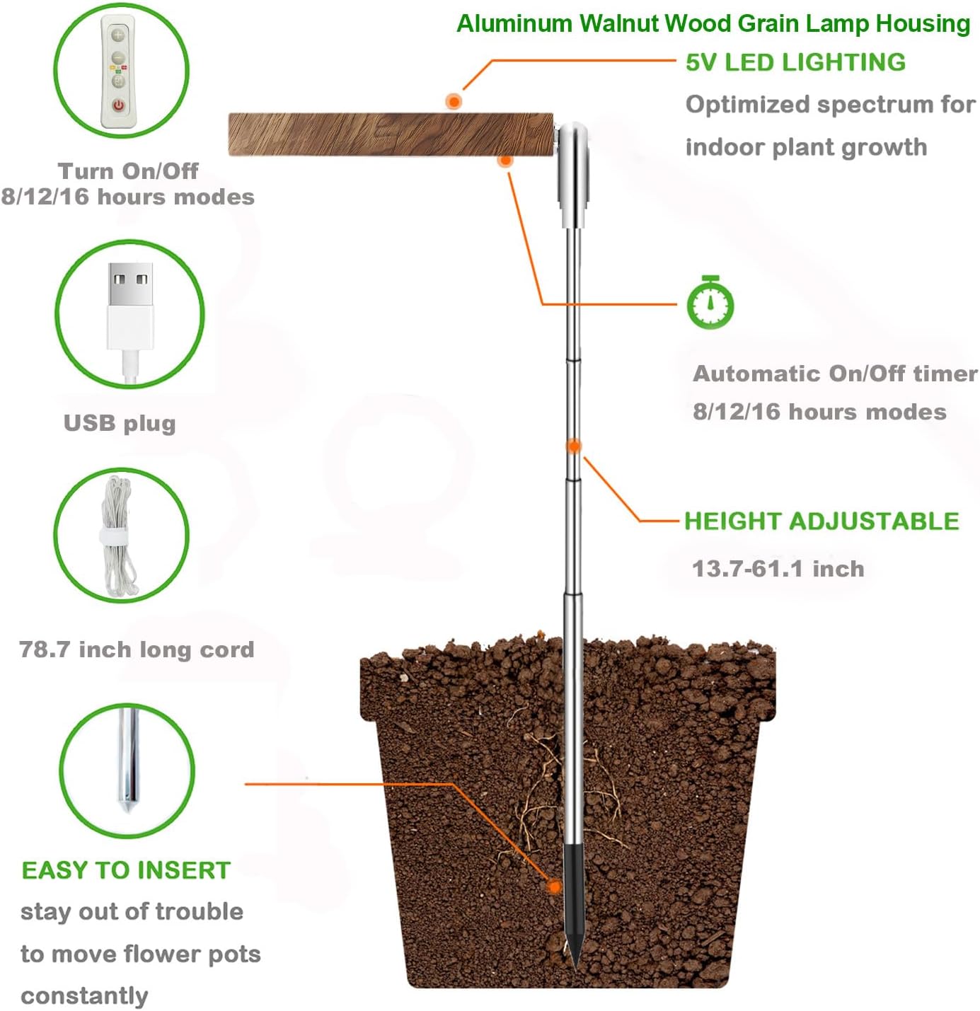 Detalle 2 de yadoker Plant Grow Light (Full Spectrum) with Adjustable Height, Automatic Timer, 5V Low Voltage
