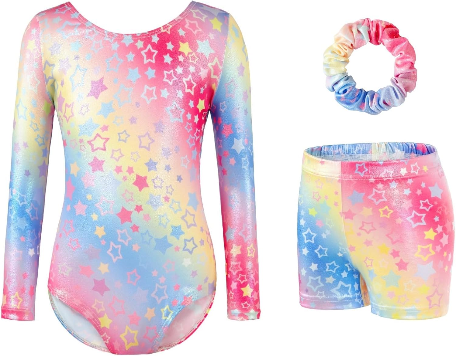 Detalle de Girls’ Gymnastics Leotard Set with Sparkling Gradient Design (Three-Piece Long Sleeve + Shorts + Hairband)