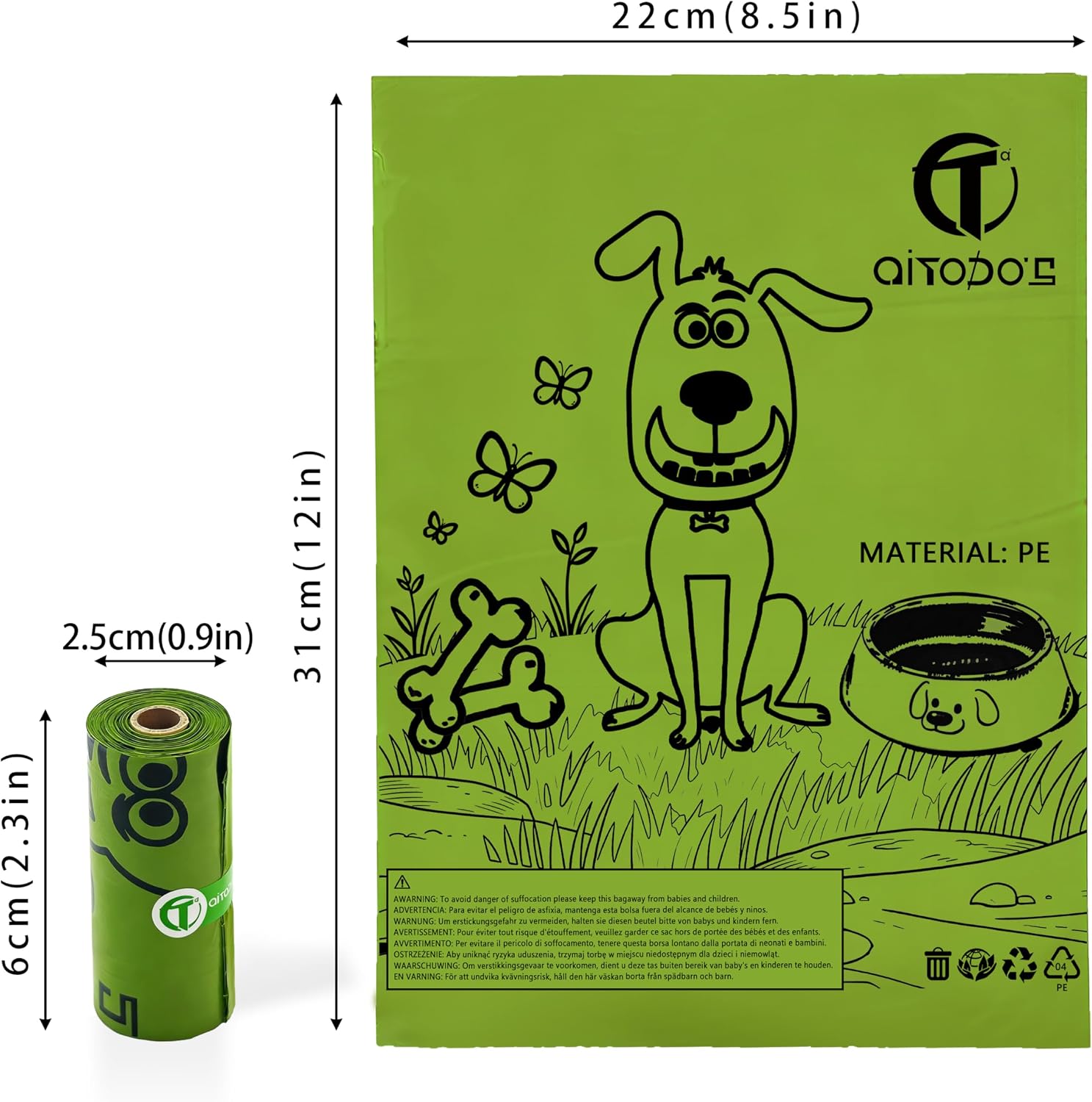 Detalle 2 de AiTodos® 300 Dog Poo Bags, Green PE Refill Rolls, Unscented