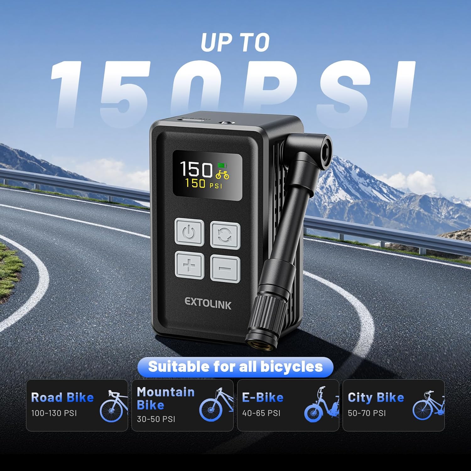Thumbnail 4 de EXTOLINK Mini pompe vélo électrique 150 PSI avec manomètre numérique et arrêt automatique
