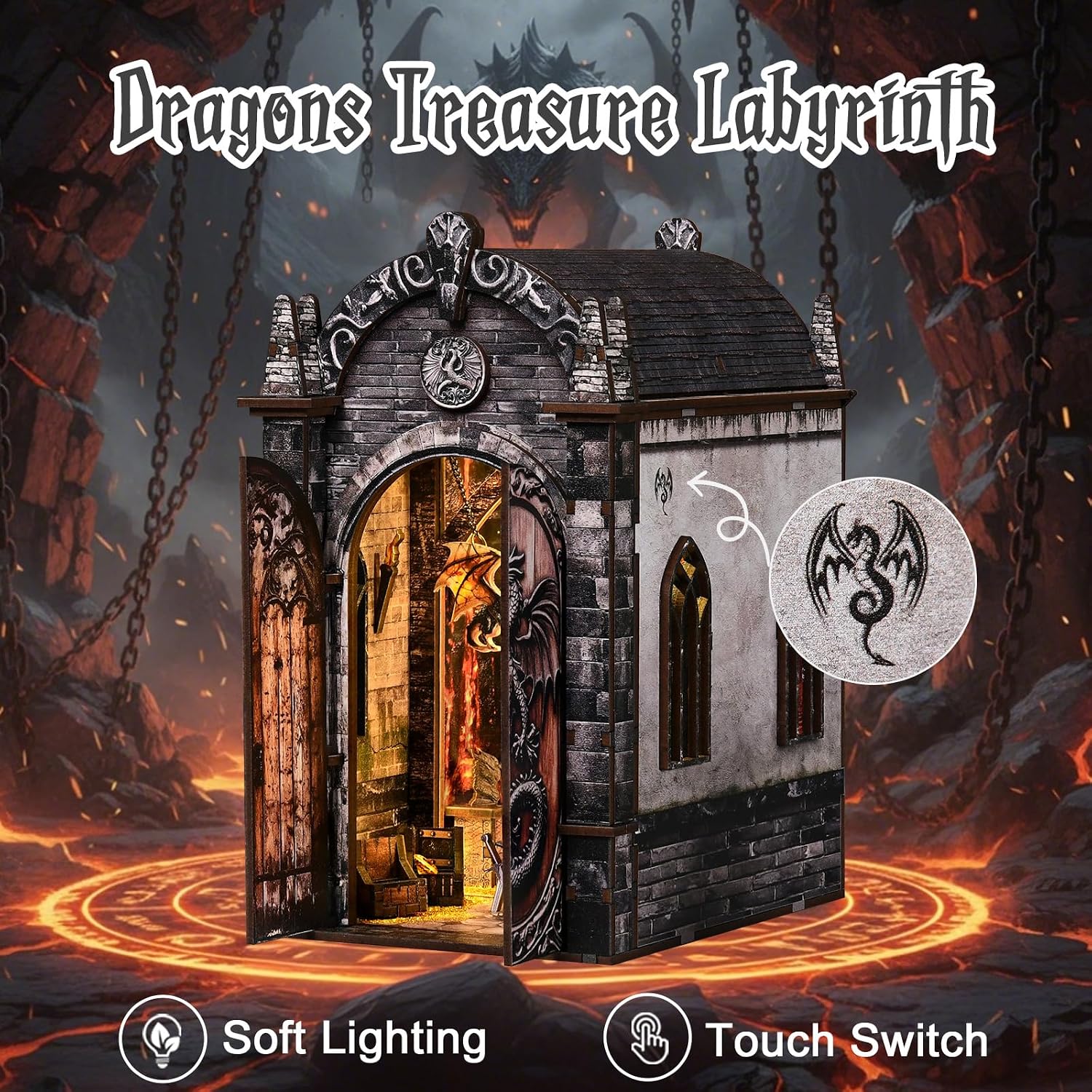 Detalle de BATTREVO Book Nook Kit Regno Nascosto del Drago – Set fai-da-te con vela di luci e vetro acrilico