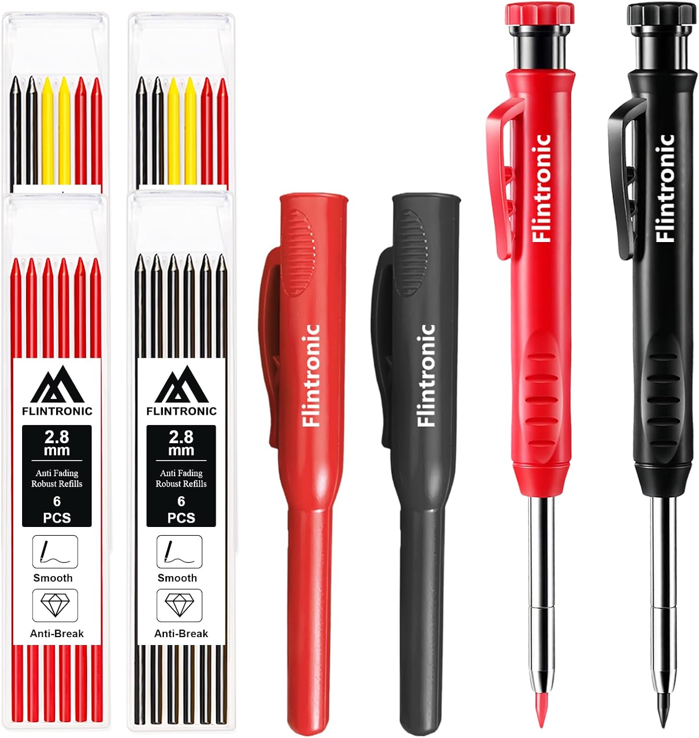 Coffret flintronic 8 crayons de charpentier mécanique avec 26 recharges, poinçon central et outils de traçage carbure