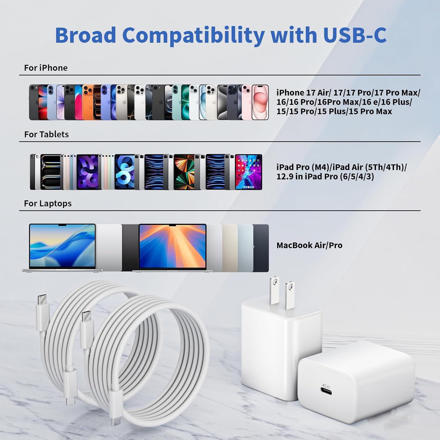 Thumbnail 6 de [Apple MFi Certified]Fast Charging USB C Cable for iPhone 17 16 15 Pro, 2Pack Long 6Foot Type C Charger Cord 45W USB C Charger Block Quick Charging for iPhone 17 Air/17 16 15 Pro/Plus/Pro Max,iPad Pro