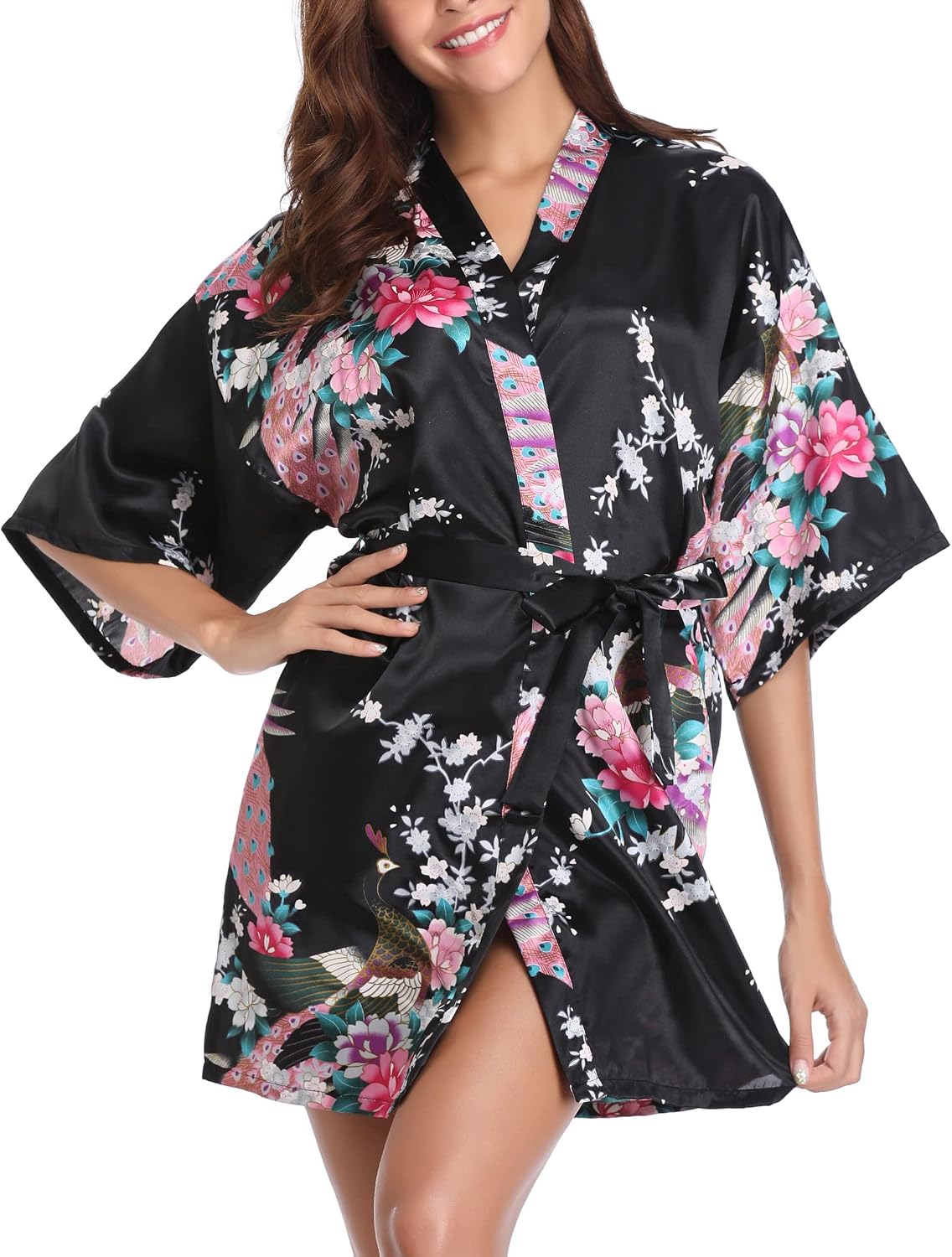 Detalle de Vlazom kimono japonais satin court pour femme – peignoir mariée et demoiselle d’honneur