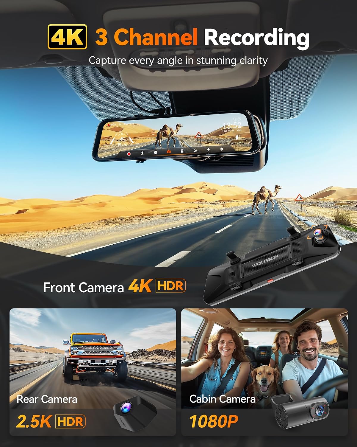 Detalle 2 de WOLFBOX G900 Tripro 3-Channel Cabin Mirror Dash Cam (Version 3) with 4K + 2.5K + 1080P, 8MP STARVIS Night Vision and 256GB