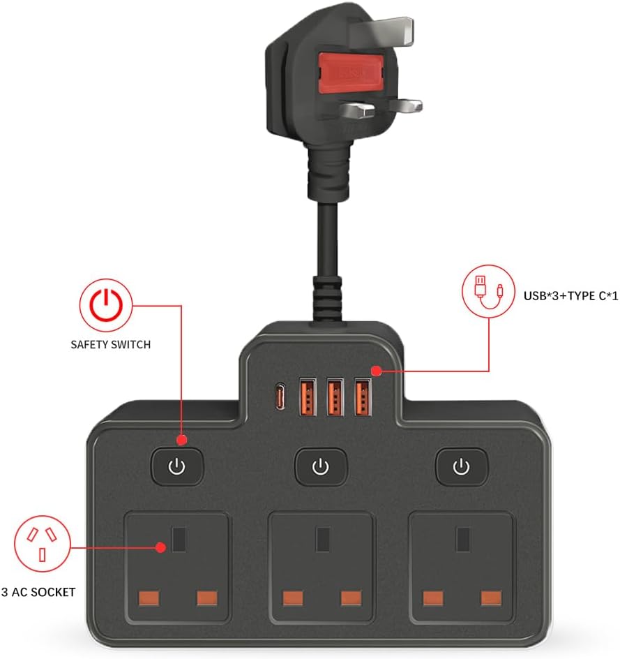 Detalle de Multi Plug Extension with Flexible Plug (3 Way, 3 USB, Individual Switched, Black)