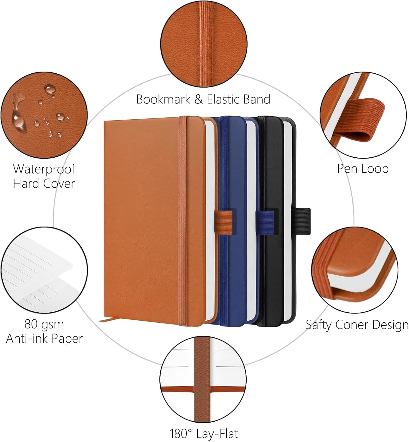 Detalle de 3 Pack A6 Pocket Notebook: Leather-Hardcover Journals with 160 Lined Pages (Black, Blue, Brown) – Ideal for Daily Writing